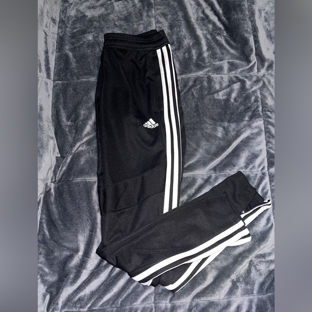 XS adidas track pants, athletic bottoms black with white stripe